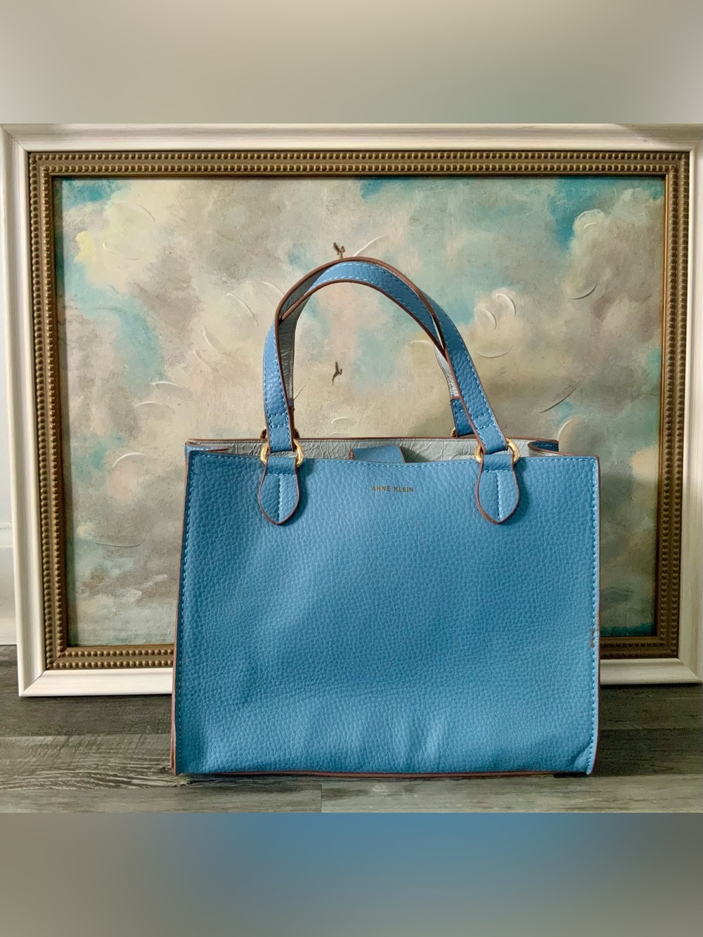 Anne Klein Steel Blue Tote Bag | Pebbled Faux Leather | Gold Hardware